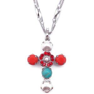 Mariana Happiness Silver Cross Pendant Necklace Turquoise Red Crystals M1126 NWT